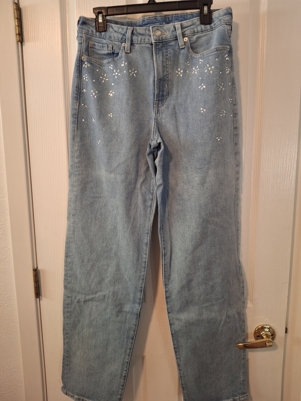 Old Navy O.G. Loose High Rise Light Wash Jeans With Rhinestone Floral Accents
